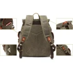 Vintage Canvas Backpack with Leather Accents – Military-Inspired Travel, Hiking, School & College Bag (Army Green) - Image 3