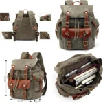 Vintage Canvas Backpack with Leather Accents – Military-Inspired Travel, Hiking, School & College Bag (Army Green)