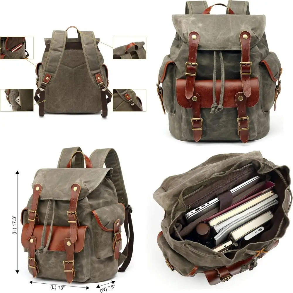 kf-Sef12831122c346b29d7e4f66f96808adS Vintage Canvas Backpack with Leather Accents – Military-Inspired Travel, Hiking, School & College Bag (Army Green) - Image 1